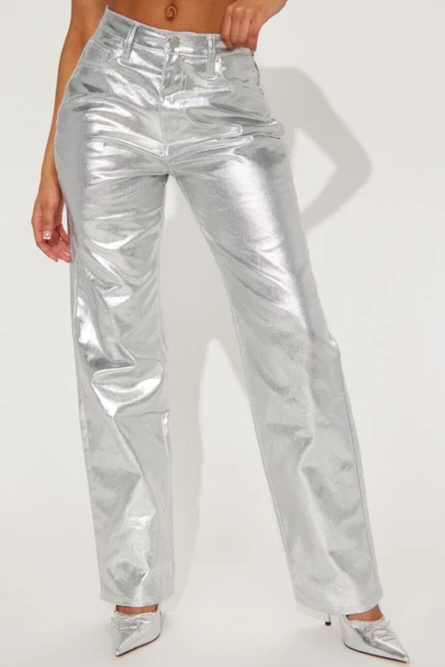 Fashion Nova Felt A Spark Metallic Straight Leg Pants Silver Size 15 New